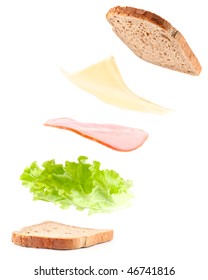 Sandwich Ingredients In Air, Isolated On White