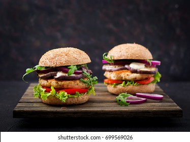 Sandwich Juicy Spicy Chicken Burgers With Tomato And Eggplant