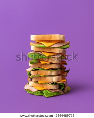 Sandwich with multiple layers of toast bread, turkey ham, cheese, and green salad, minimalist on a purple background