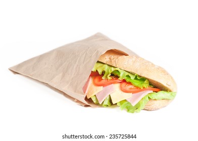 Sandwich In A Paper Bag Isolated On White