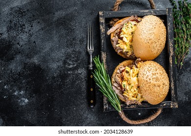 Sandwich With Pulled Pork Meat And Coleslaw Salad. Black Background. Top View. Copy Space