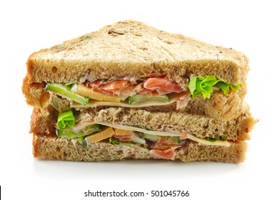 Sandwich with salmon isolated on white background