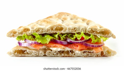 sandwich with smoked salmon and onions isolated on white background