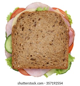 Sandwich Toast Bread For Breakfast With Ham, Cheese, Tomatoes, Lettuce Top View Isolated On A White Background