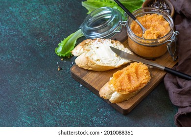 Sandwiches With Butter And Salted Caviar On A Dark Stone Countertop. Copy Space.