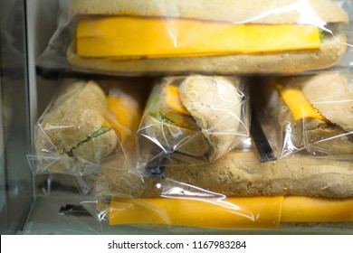 Sandwiches Food In A Cellophane Wrapper In Buffet Aeroport France