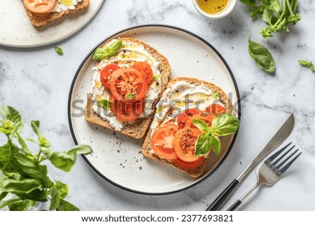 Sandwiches or toasts with tomatoes, cream cheese, olive oil and basil on a plate on white marble background. Traditional italian mediterranean food. Horizontal, top view, flat lay