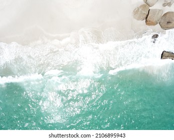 Sandy Beach From Above Clear Ocean Water, Waves Breaking, Drone Shot