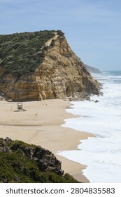 Sandy Beach with Cliffs and Crashing Waves, Portugal Coas