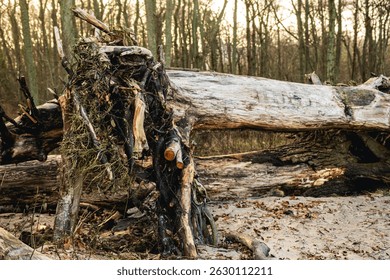 Sandy beach features weathered driftwood pieces scattered along the shore framed by tall trees under a warm sunset glow creating a serene and natural setting.