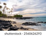 Sandy beach and palm trees on the shores of Big Island at Waialea Bay 