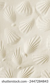 Sandy beach texture with seashells imprint pattern. Aesthetic poster. Summer vacation background. Copy space. neutral color.