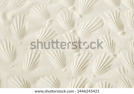 Sandy beach texture with seashells imprint pattern. Aesthetic poster. Summer vacation background. Copy space. neutral color.