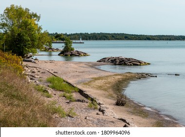 Sandy beach with trees and lighthouse