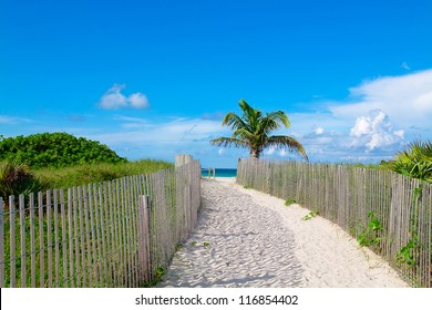 Sandy path leading to the beach in South Beach, Miami