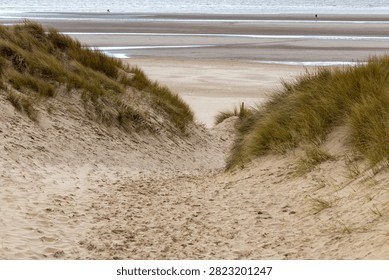 A sandy path leads through grassy dunes towards a wide, calm beach and the sea under an overcast sky. This serene coastal landscape is typical of areas like Formby, Merseyside, UK.