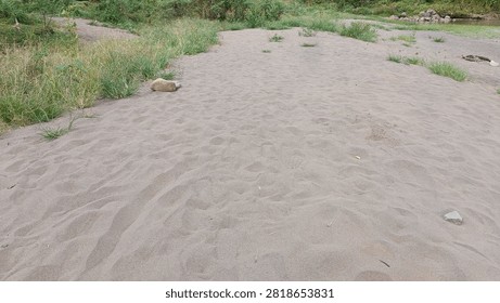 A sandy pathway bordered by grass and sparse vegetation, leading into a natural outdoor environment with a clear sky and open space.