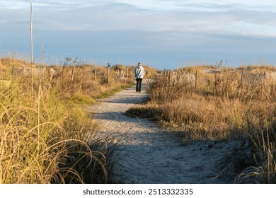 A sandy pathway leading through coastal dunes with wooden fences, as a lone person walks toward the ocean horizon. - Powered by Shutterstock