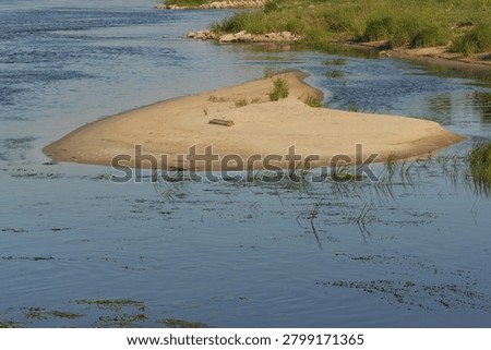 Sandy river bar surrounded by calm freshwater and riparian vegetation. Natural fluvial landscape illustrating sediment deposition and freshwater ecosystem dynamics