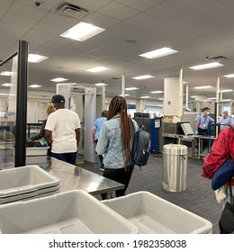 Sanford, FL USA - May 13, 2021:  The TSA Security Area At The Orlando Sanford International Airport SFB In Sanford Florida.