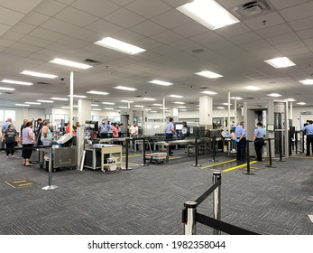 Sanford, FL USA - May 13, 2021:  The TSA Security Area At The Orlando Sanford International Airport SFB In Sanford Florida.