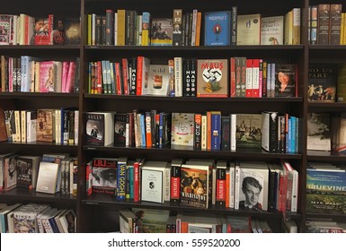  San-Francisco, USA - January 17, 2017: Photo of bookshelves on booksellers shop
