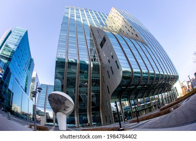 Sangam-dong, Mapo-gu, Seoul, South Korea - March 16, 2021: Low Angle And Fisheye View Of High Rise Modern Building With Glass Windows
