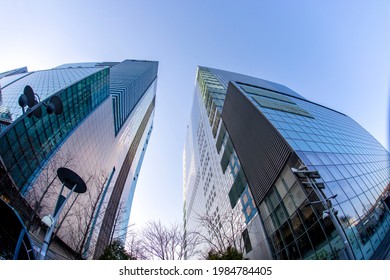 Sangam-dong, Mapo-gu, Seoul, South Korea - March 16, 2021: Low Angle And Fisheye View Of High Rise Modern Building With Glass Windows
