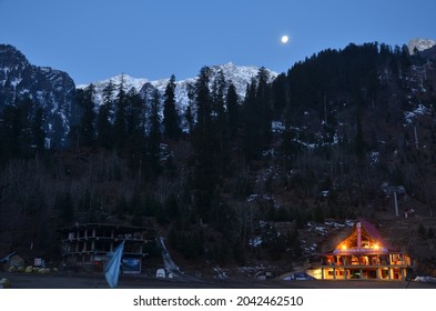 Sangla Valley,HP,02 02 2018: Moon Scape With Commercial Buildings, Hills And Mountains, Early Morning.