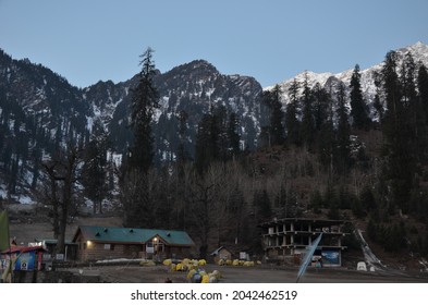 Sangla Valley,HP,02 02 2018: Moon Scape With Commercial Buildings, Hills And Mountains, Early Morning.