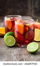 Sangria Drink In Glass On Wooden Table
