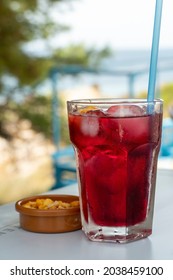 Sangria With Red Wine Lemon And Ice Cubes On Blue Table Alicante Spain