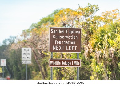 Sanibel Island, USA - April 29, 2018: Captiva Conservation Foundation Sign And National Wildlife Refuge Park By Beach And Road In Fort Myers, Florida Entrance