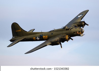 SANICOLE, BELGIUM - SEP 13, 2019: Vintage warbird US Air Force Boeing B-17 Flying Fortress WW2 bomber plane perforing at the Sanice Sunset Airshow.