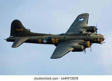 SANICOLE, BELGIUM - SEP 13, 2019: The vintage warbird US Air Force Boeing B-17 Flying Fortress World War 2 bomber aircraft performing at the Sanicole Sunset Airshow in Belgium. 