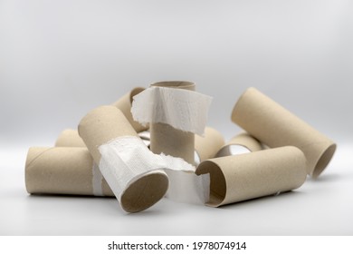 Sanitary and household, Used toilet paper roll lay stacked on white background, Empty brown tissue paper core with free copy space.