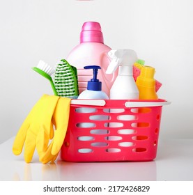 Sanitary,detergent Bottles And Sponges Closeup.Group Of Household Products.Domestic Disinfectant. Housekeeping Items In Basket.