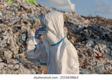 A sanitation worker in protective clothing examines a large landfill overflowing with waste, emphasizing the urgent need for effective waste management and recycling efforts. - Powered by Shutterstock