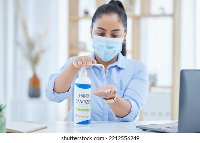 Sanitizer, Covid And Employee Cleaning Hands In The Office For Dusty Germs, Health And Safety In Working Environment. Face Mask, Virus And Woman Washing From Liquid Soap Bottle For Hygiene Protection