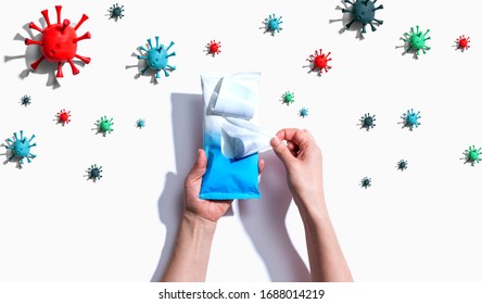 Sanitizer Wipe With Coronavirus Concept - Flat Lay