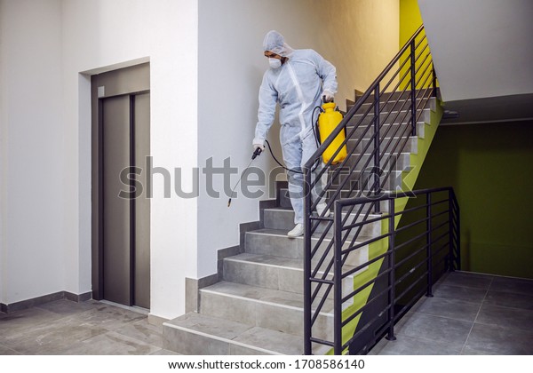 Sanitizing\
interior surfaces. Cleaning and Disinfection inside buildings, the\
coronavirus epidemic. Professional teams for disinfection efforts.\
Infection prevention and control of epidemic.\
