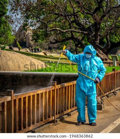 Sanitizing At Tourist Places In South India, Due to COVID-19 Or Coronavirus Spread. India Is In Pandemic Situation and Fighting With Second Wave Of Coronavirus