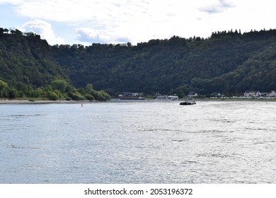 Sankt Goarshausen, Germany - 09 30 2021: Lorelei area of the Mittelrheintal with ships