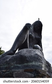 Sankt Goarshausen, Germany - 09 30 2021: Lorelei statue on a rock in the Rhine