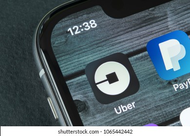 Sankt-Petersburg, Russia, April 10, 2018: Uber Application Icon On Apple IPhone X Screen Close-up. Uber App Icon. Uber Is Taxi Car Transportation Application.