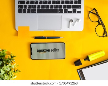 Sankt-Petersburg, Russia, April 10, 2020: Amazon seller application icon on Apple iPhone X screen close-up. Amazon shopping app icon. Amazon mobile application. Social media network