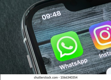 Sankt-Petersburg, Russia, April 11, 2018: Whatsapp messenger application icon on Apple iPhone X smartphone screen close-up. WhatsApp messenger app icon. Social media icon. Social network
