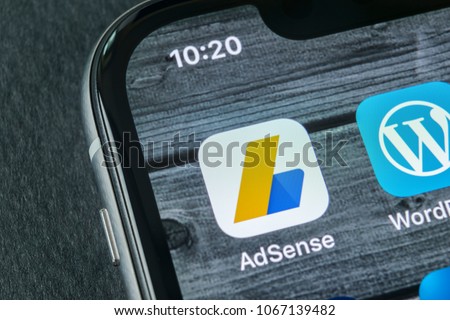 Sankt-Petersburg, Russia, April 11, 2018: Google AdSense application icon on Apple iPhone X screen close-up. Google AdSense app icon. Google AdSense application. Social media network