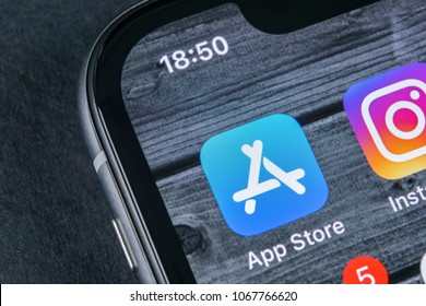 Sankt-Petersburg, Russia, April 12, 2018: Apple store application icon on Apple iPhone X smartphone screen close-up. Mobile application icon of app store. Social network. AppStore