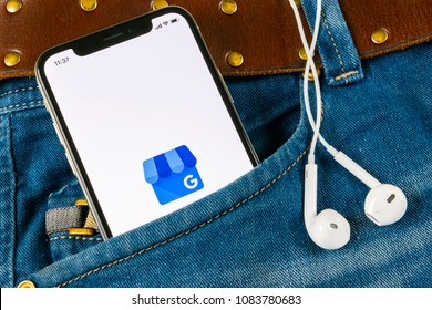 Sankt-Petersburg, Russia, April 14, 2018: Google My Business Application Icon On Apple IPhone X Screen In Jeans Pocket. Google My Business Icon. Google My Business Application. Social Media Network